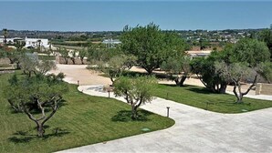 Un área ajardinada con senderos, árboles y vistas a edificios distantes.