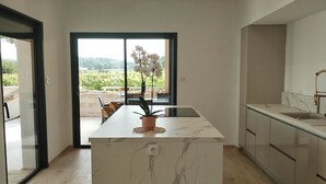 A modern kitchen with a large island, wooden flooring, and a view of a garden through a sliding glass door. - Air-conditioned villa, heated pool, vineyard view, calm setting (Pont-Saint-Esprit)