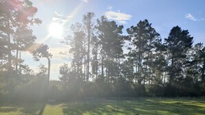 A wooden deck with a view of a grassy field and trees.