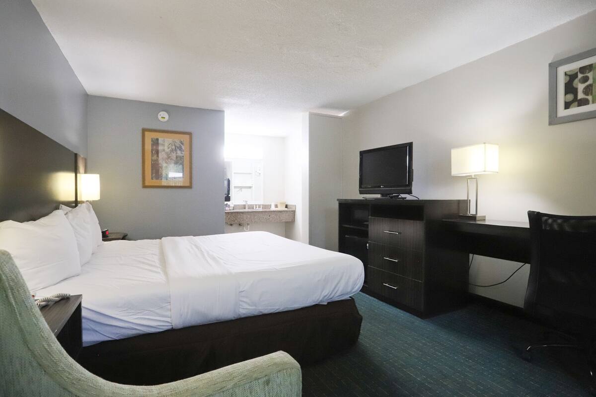 Habitación de hotel con cama, escritorio, silla, televisor y un cuadro en la pared.