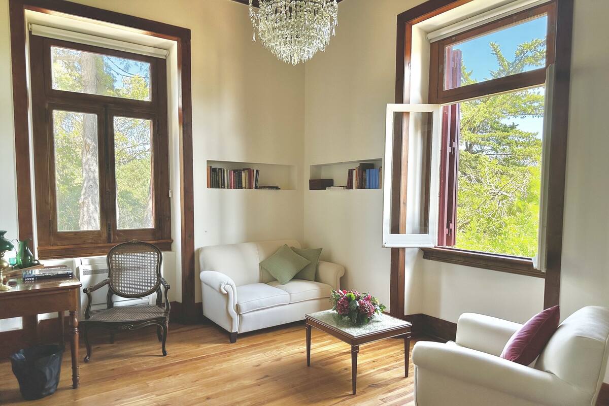 A living room with a white sofa, a wooden coffee table, a chair, and a bookshelf.