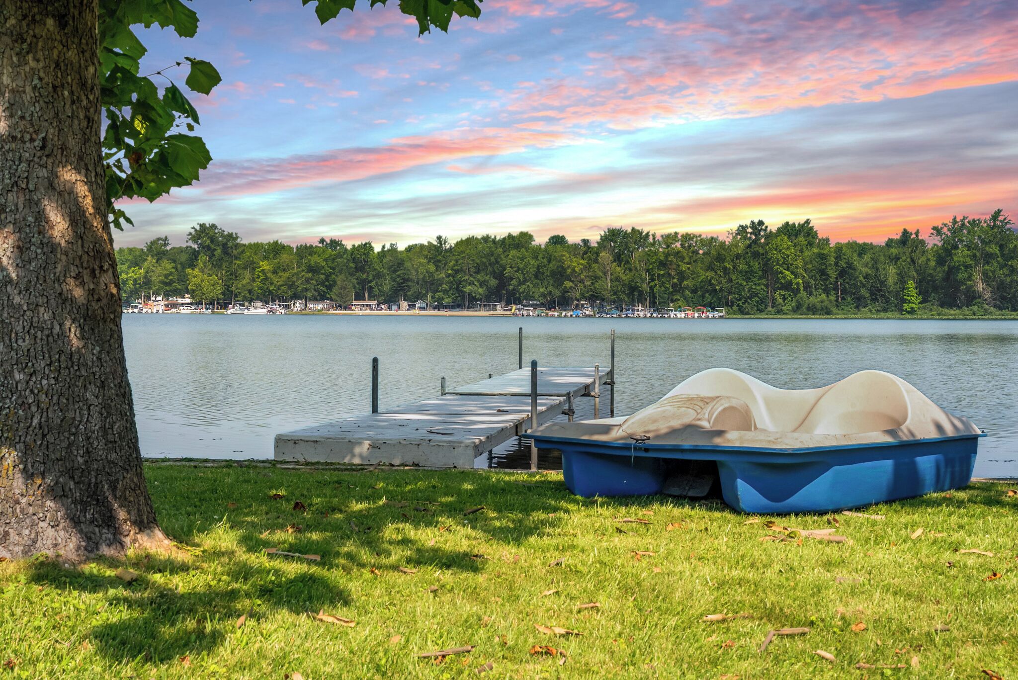 A lakeside view with a dock, a boat, and a tree.