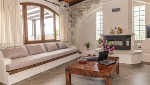 A living room with a stone wall, a fireplace, a sofa, and a coffee table with a laptop and glasses. - Villa Aloe (Pitsidia)