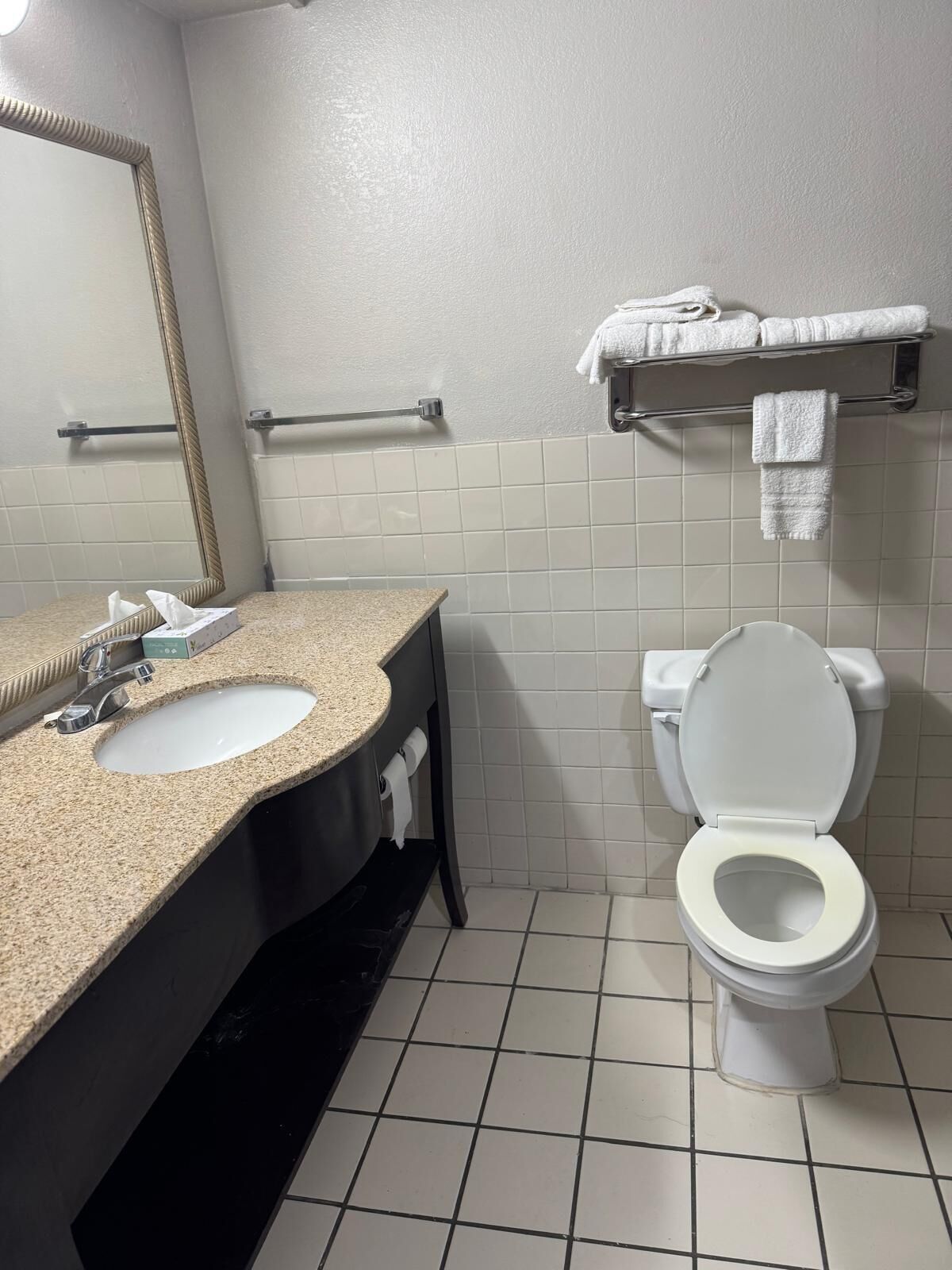 Un baño con lavamanos, espejo, inodoro y toallero.