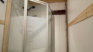 Shower, towels, soap, toilet paper
