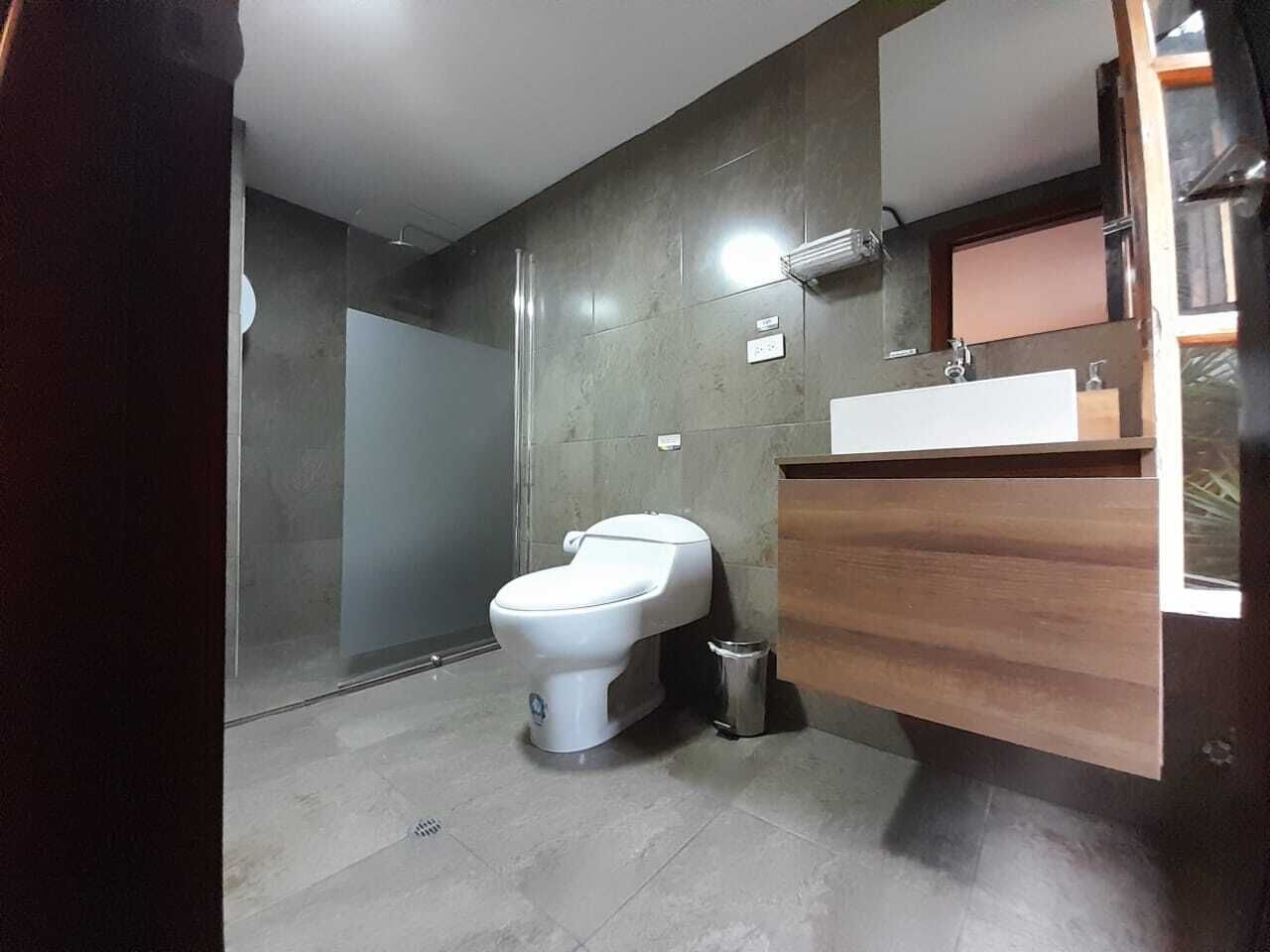 Uma casa de banho moderna com sanita, lavatório e zona de duche.