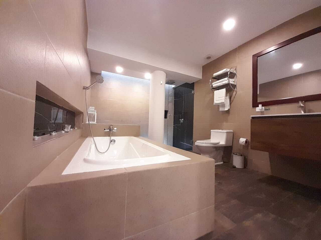 Un baño moderno con una bañera grande, un inodoro y una zona de ducha.