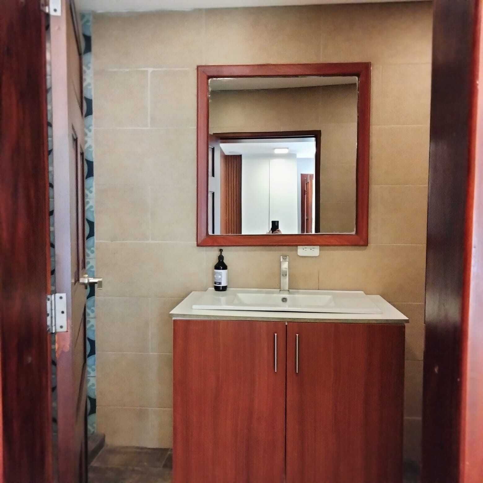 A bathroom with a wooden cabinet, a sink, and a mirror.