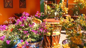 An outdoor seating area with vibrant flowers and a rustic wooden table. - Standard 1 bedroom suite  #7
 (San Patricio)