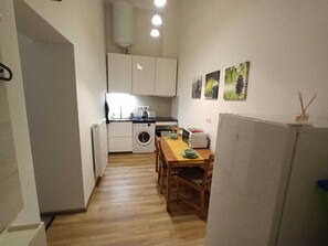 Cuina compacta amb rentadora, taula de dinar i cadirees, i nevera.