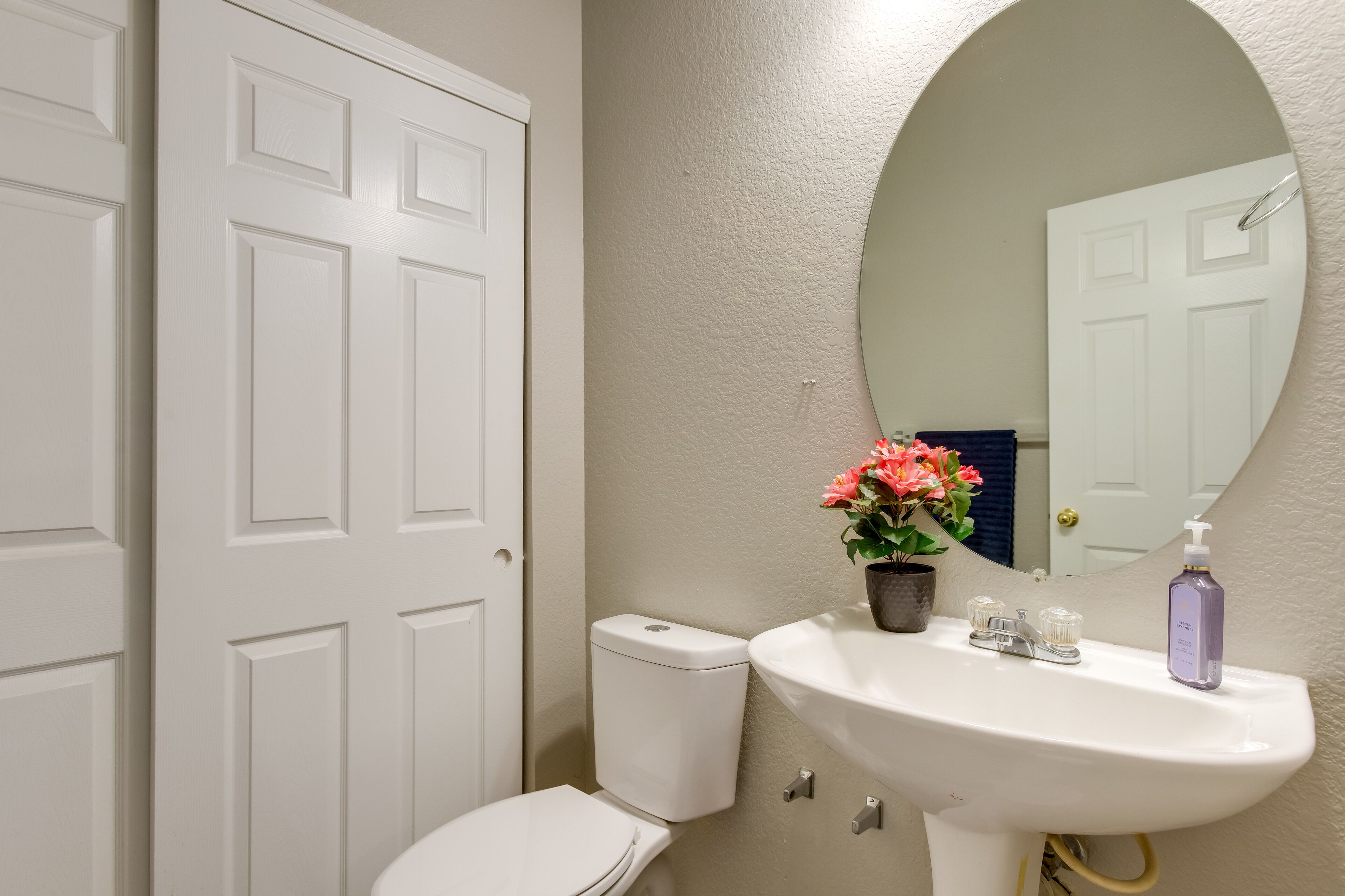 A bathroom with a white toilet, a white sink, a mirror, and a potted plant with flowers.