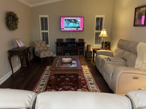 TV connectée, cheminée, lecteur de DVD, livres