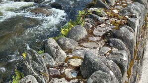 Un río serpentea por una ciudad con muros y edificios de piedra, incluyendo una tienda de té.