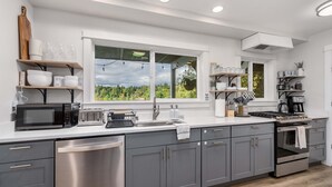 A modern kitchen with grey cabinets, stainless steel appliances, and a large window offering a view of greenery.