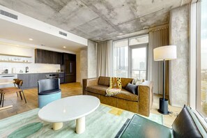 Luxury Condo, 1 King Bed with Sofa bed, City View | Living area | 55-inch Smart TV with digital channels - Luxe High Rise off of Rainey St. (Austin)