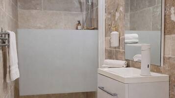 Shower, towels, toilet paper