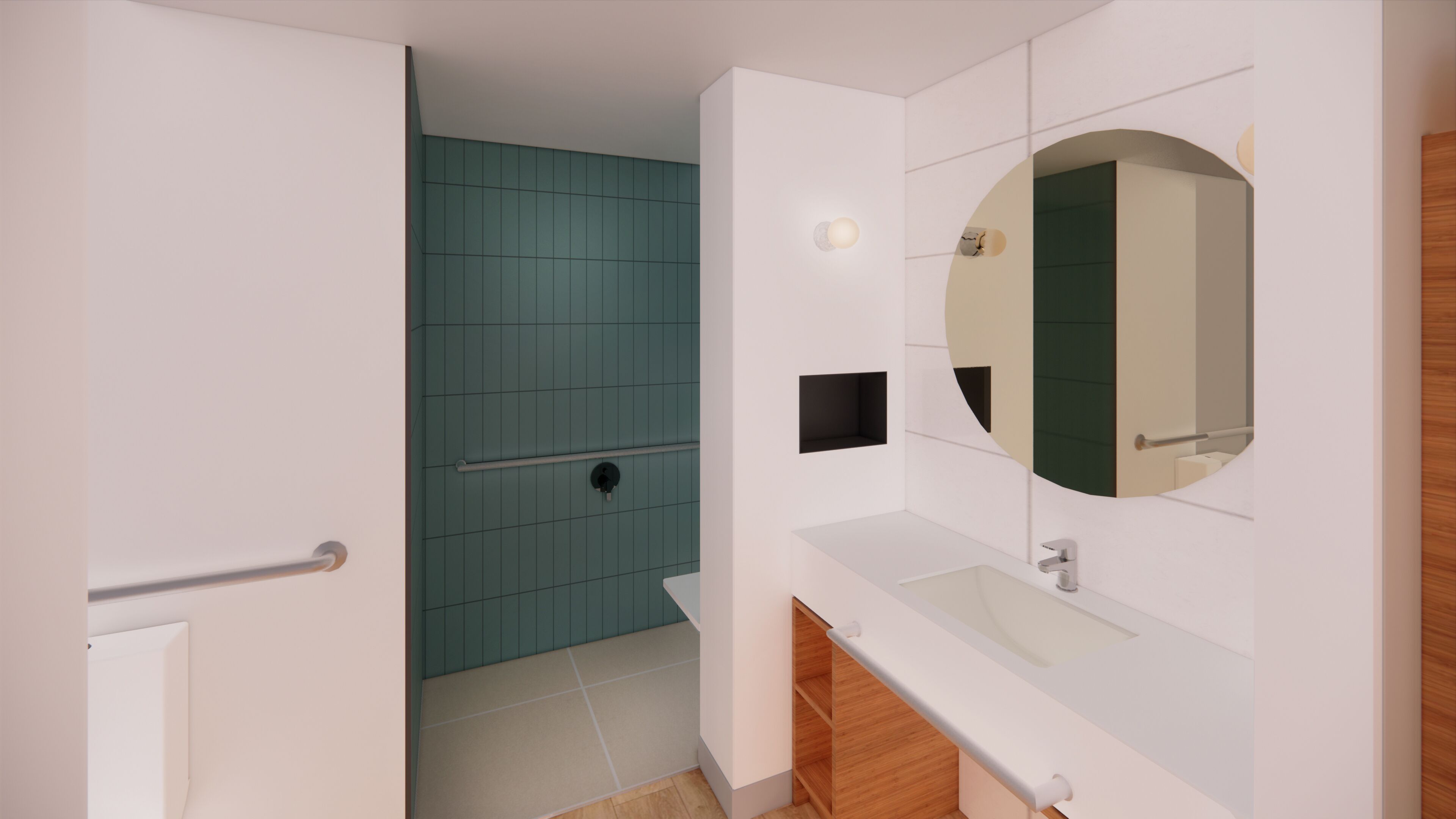 king accessible room w/roll-in shower | bathroom | shower, rainfall showerhead, hair dryer, towels