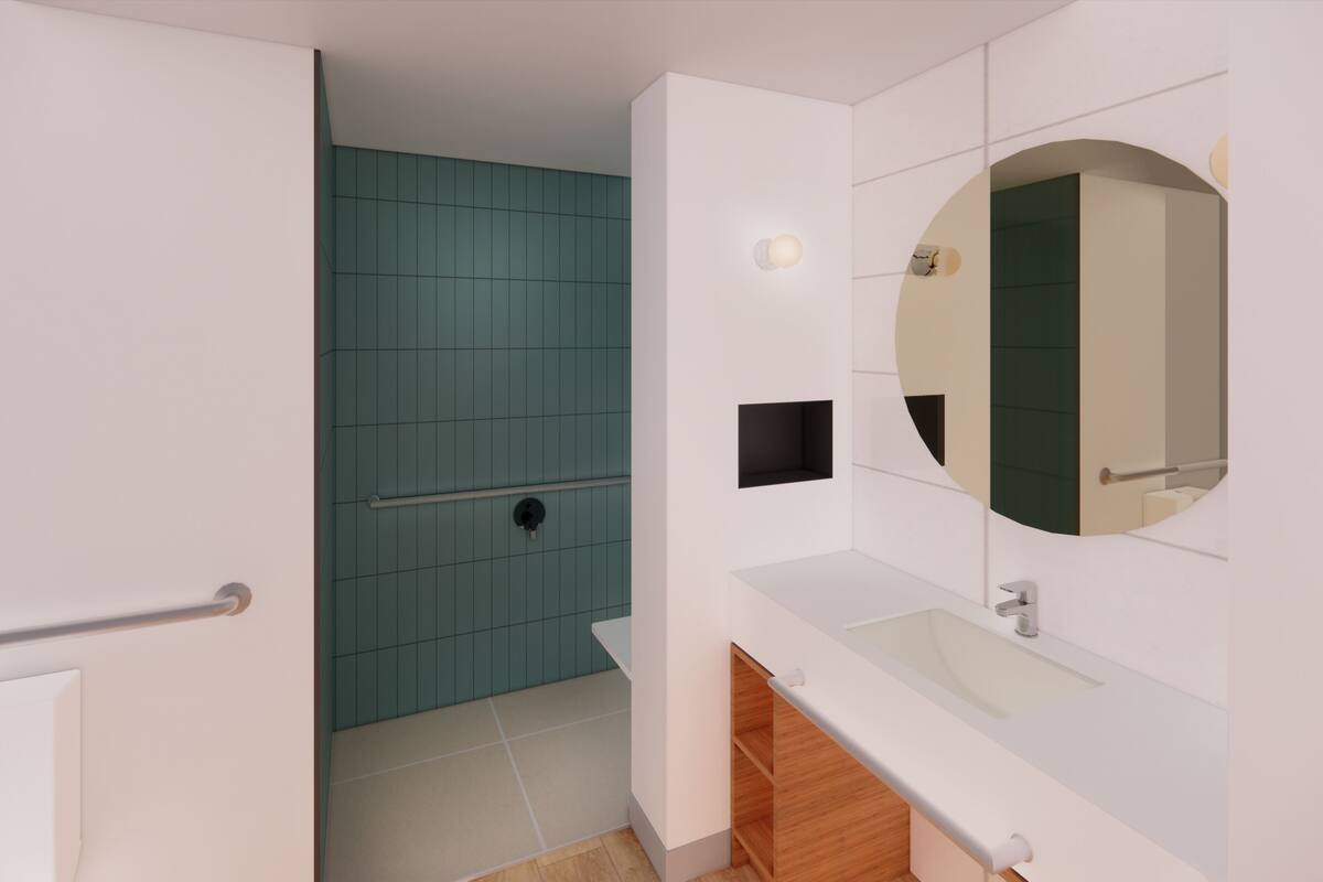 king accessible room w/roll-in shower | bathroom | shower, rainfall showerhead, hair dryer, towels