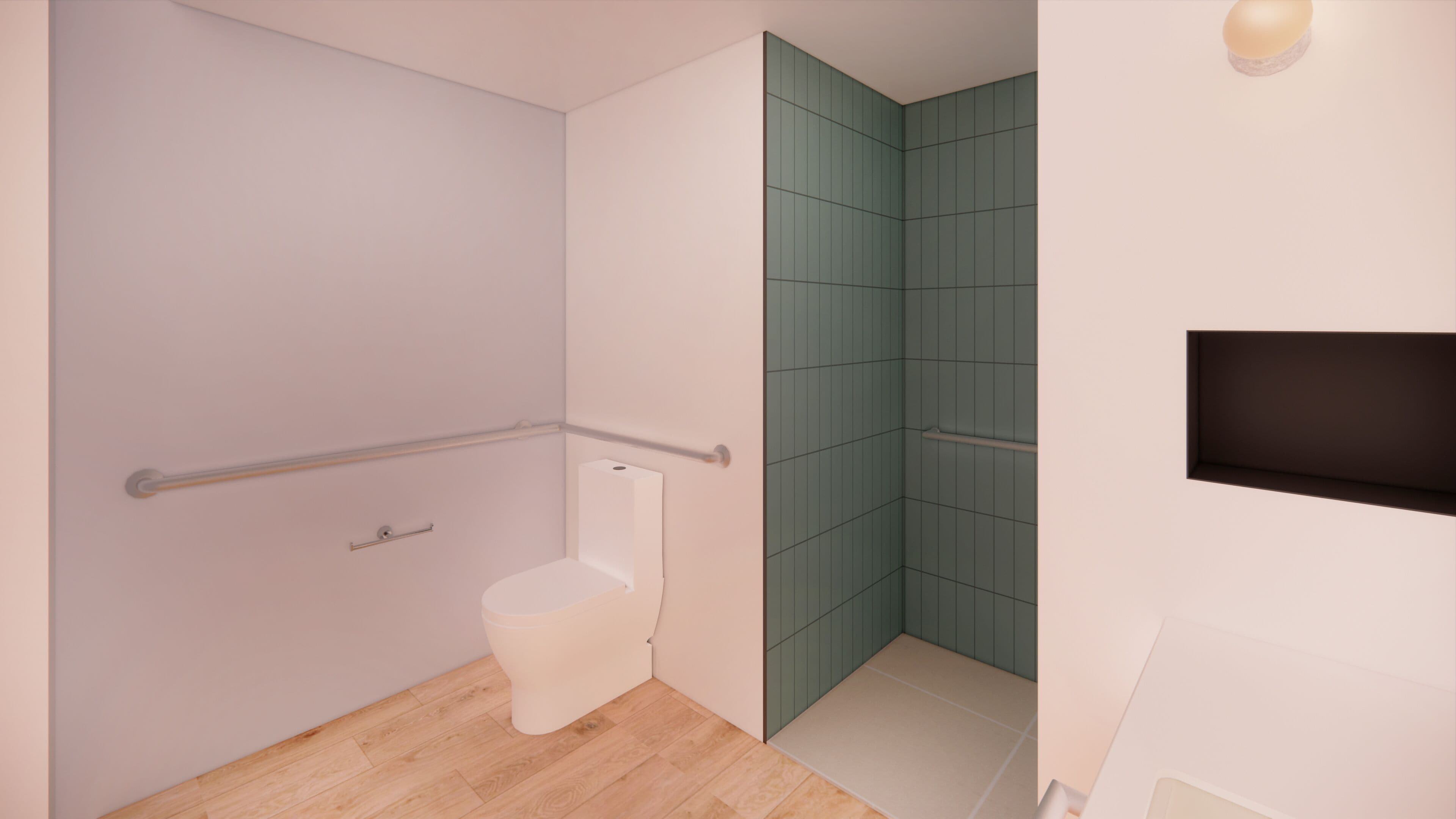 king accessible room w/roll-in shower | bathroom | shower, rainfall showerhead, hair dryer, towels