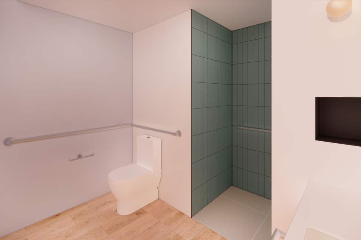 king accessible room w/roll-in shower | bathroom | shower, rainfall showerhead, hair dryer, towels