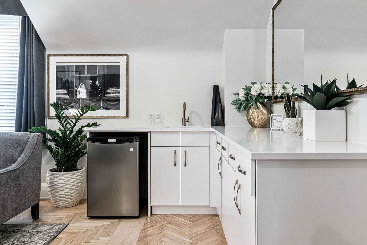 Una cocina moderna con armarios blancos, lavavajillas de acero inoxidable y una planta en maceta.