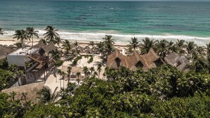Un complejo turístico en la playa con cabañas de techo de paja, palmeras y vista al océano.