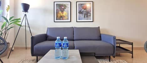 A modern living room with a grey sofa, two framed artworks, a coffee table with two water bottles, a floor lamp, and a patterned rug.