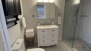 Shower, rainfall showerhead, hair dryer, bathrobes