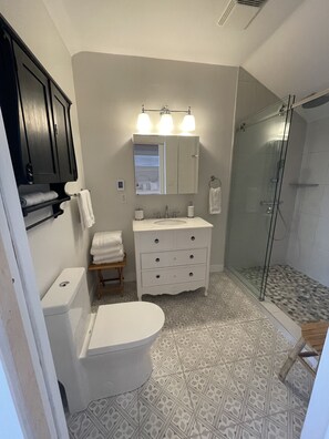 Shower, rainfall showerhead, hair dryer, bathrobes