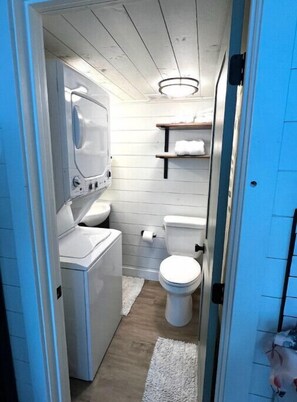 Hair dryer, towels, soap