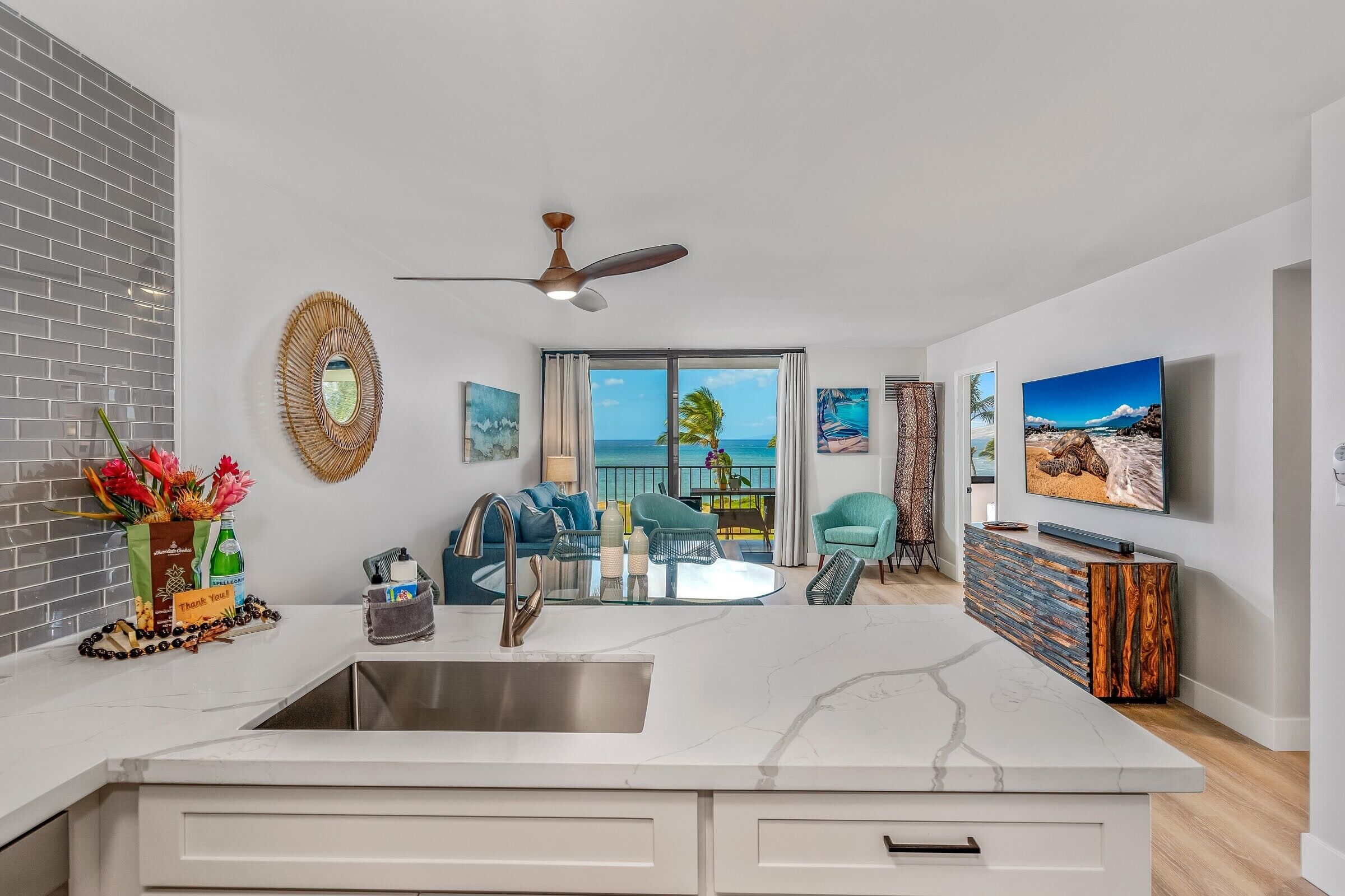 Luxury Condo | Private kitchen | Full-size fridge, microwave, oven, stovetop