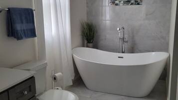 Hair dryer, bidet, towels, soap