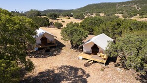 Two white tents with wooden decks, surrounded by trees and dry grass, set in a hilly landscape.
