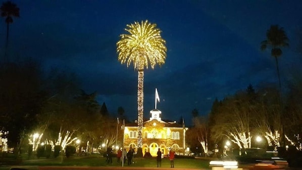 Un edificio con una palmera iluminada y una bandera en la cima, rodeado de árboles y luces.
