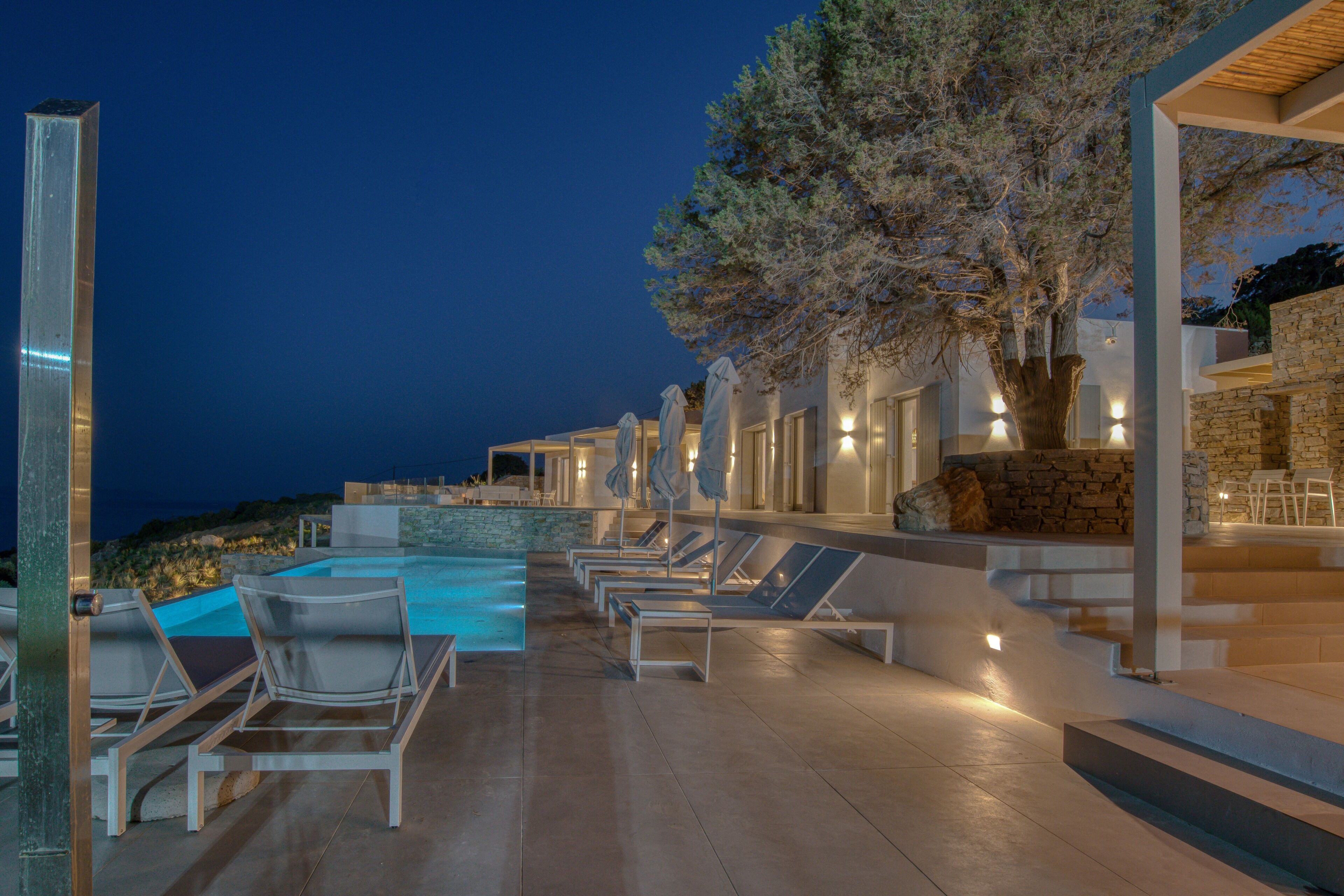 Seasonal outdoor pool, pool umbrellas, pool loungers