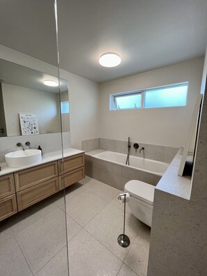 Hair dryer, towels, soap, toilet paper
