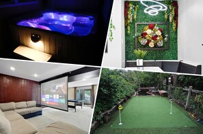 Relax in style with a self-service hot tub, unwind in a cozy living area, and enjoy a round of golf on the outdoor putting green.