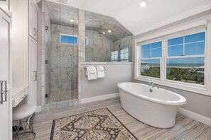 Combined shower/tub, hair dryer, towels