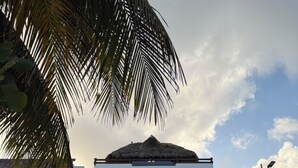 A building with a white facade, a central entrance, and a sign with a horse and text. - Hotel El Caballo Blanco (Mahahual)