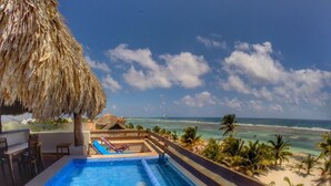 A pool with a view of the ocean and beach, a thatched roof, and a lounge area with chairs. - Hotel El Caballo Blanco (Mahahual)