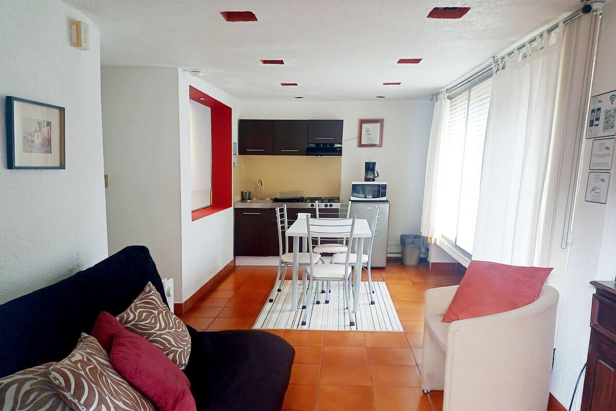 Un espacio habitable compacto con kitchenette, comedor y zona de estar con sofá y sillón.