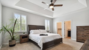 A bedroom with a bed, bedside tables, a ceiling fan, a potted plant, and a wardrobe.