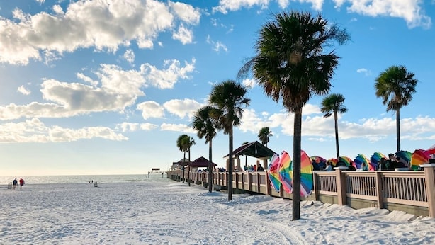 A beach with palm trees, umbrellas, and a wooden walkway.