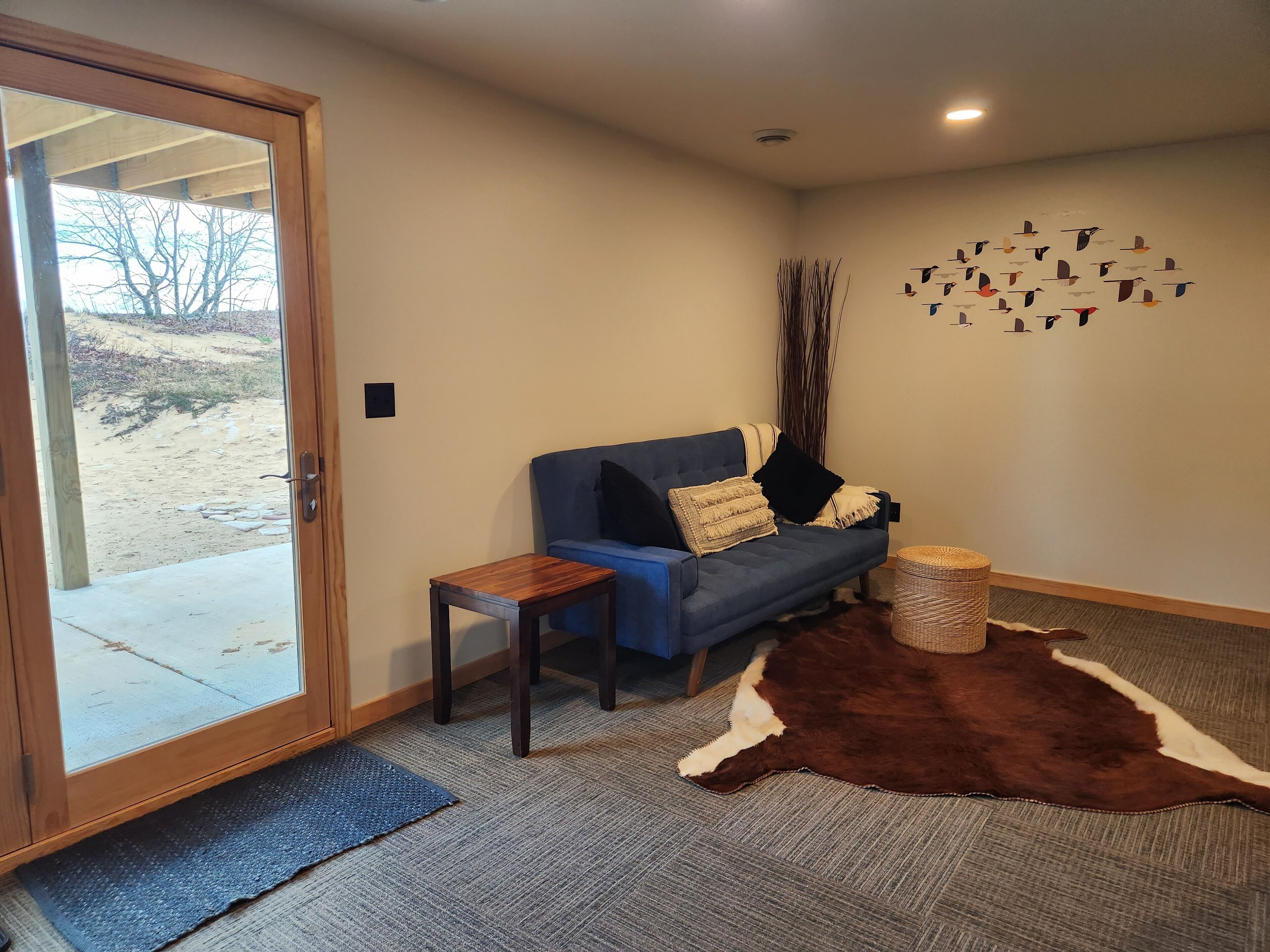 A room with a blue sofa, a small wooden table, a rug, a cowhide rug, and a wall with bird decals.