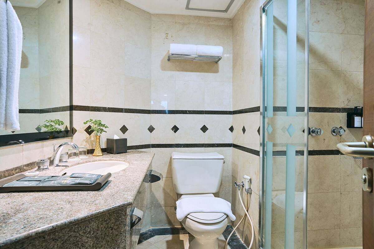 A modern bathroom with a granite countertop, a white toilet, a glass shower enclosure, and a mirror with a plant.