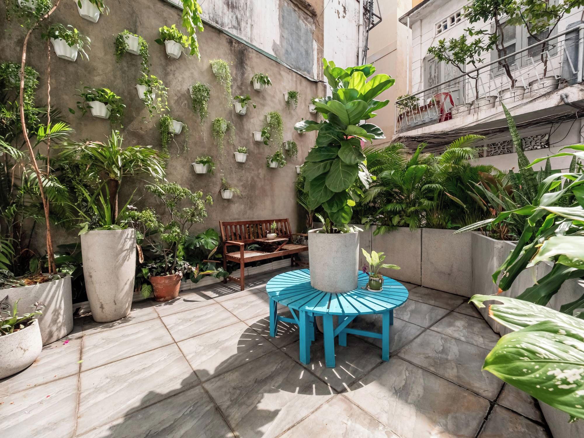 Une cour avec des plantes en pot, un banc en bois et une table bleue.