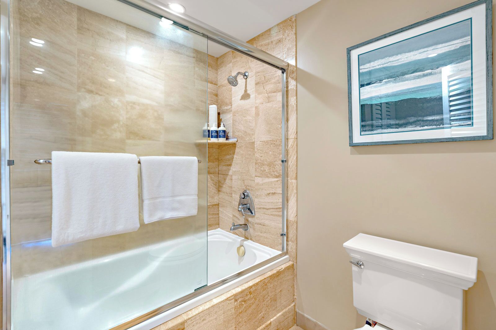 Combined shower/tub, hair dryer, towels