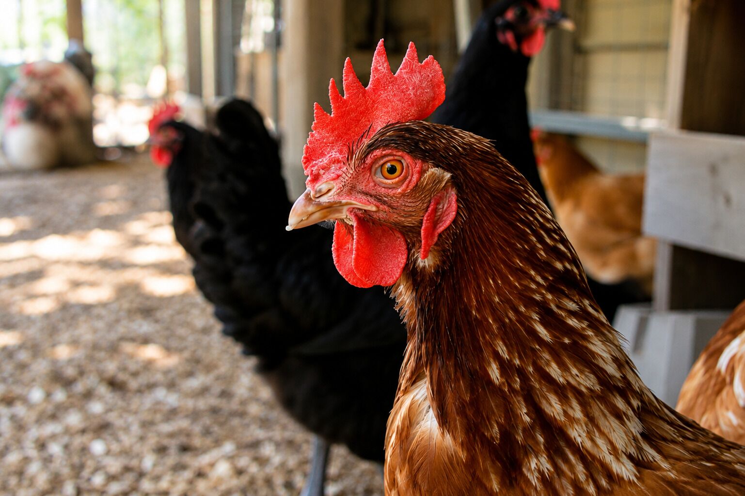 Primer plano de una gallina con una cresta roja y papada prominentes, sobre un fondo con otras gallinas y una estructura de madera.