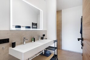 Shower, hair dryer, towels