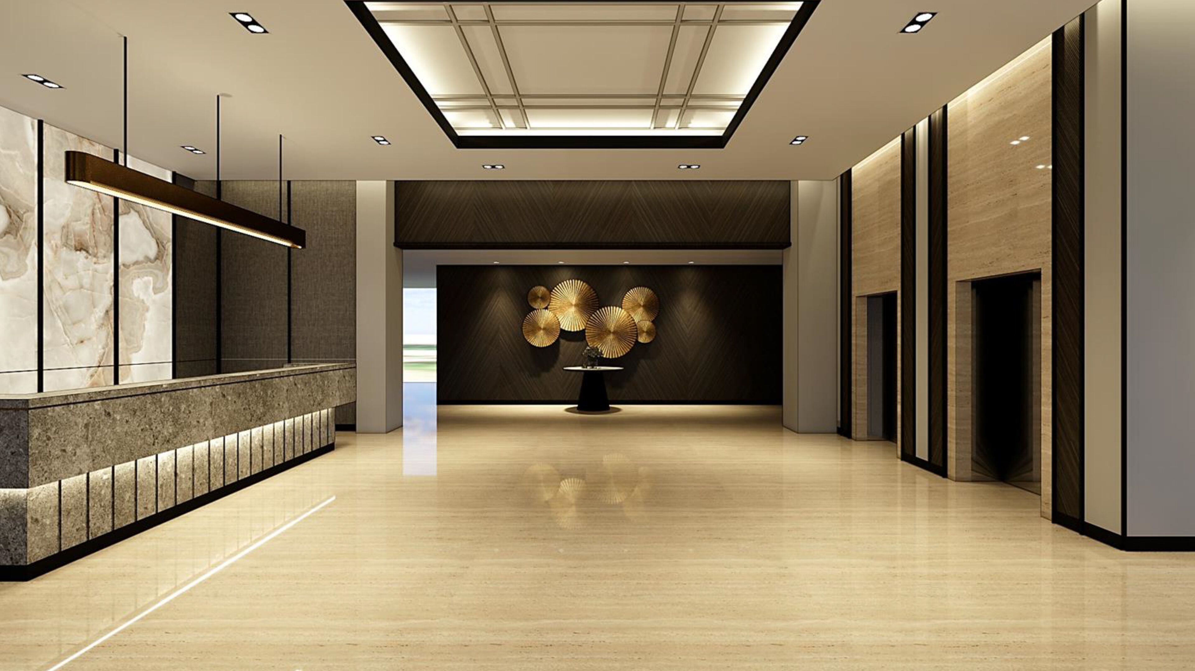 En modern entréhall med en marmordiskinfopult, en central konstinstallation och ett högt tak med infälld belysning.